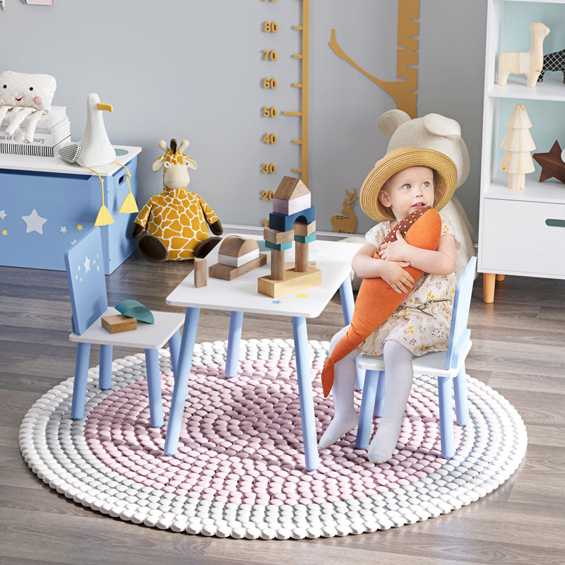 Conjunto de Mesa Infantil e 2 Cadeiras de Madeira Mesa com Cadeiras para Crianças de 2-4 Anos Mesa 60x40x43 cm e Cadeiras 28x26x48 cm para Dormitório Sala de Estar Branco e Azul