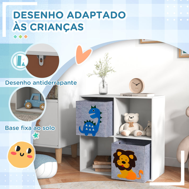 Estante para Brinquedos Estante para Crianças acima de 3 Anos com 4 Compartimentos de Armazenamento e 2 Caixas de Tecido não Tecido com Desenho de Animais 61,8x29,9x61,8 cm Branco e Cinza