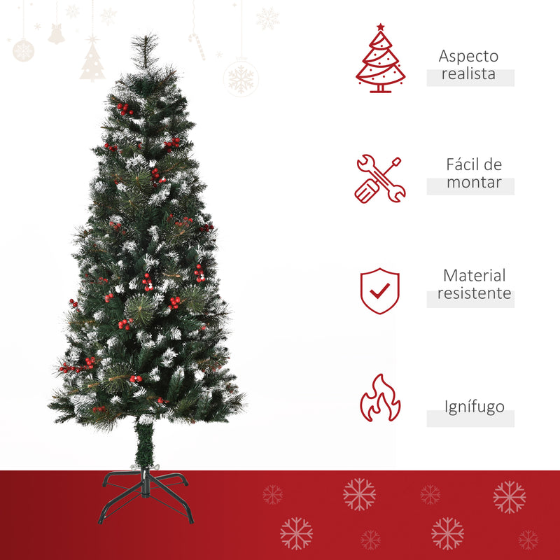 Árvore de Natal Artificial 150cm Ignífugo com 360 Ramos 38 Bagas Folhas de PVC Base Dobrável e Suporte Metálico Decoração de Natal para Interiores Verde