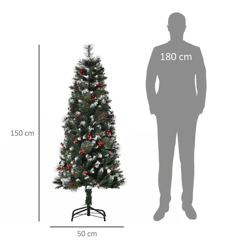 Árvore de Natal Artificial 150cm Ignífugo com 360 Ramos 38 Bagas Folhas de PVC Base Dobrável e Suporte Metálico Decoração de Natal para Interiores Verde