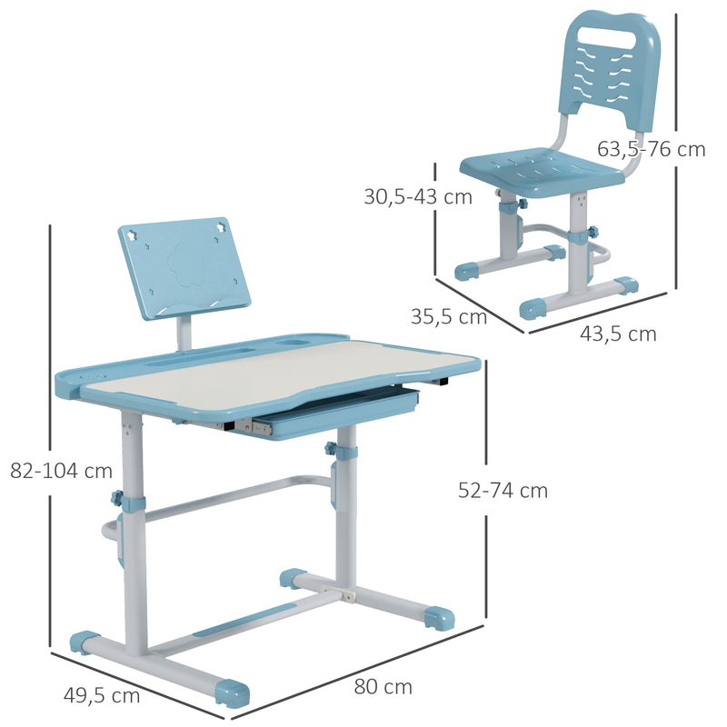 Conjunto de Secretária e Cadeira para Crianças de 6-12 Anos Secretária para Crianças com Altura Ajustável com 1 Gaveta Prateleira para Livros e Ângulo da Mesa Ajustável 80x49,5x82-104 cm Azul e Branco