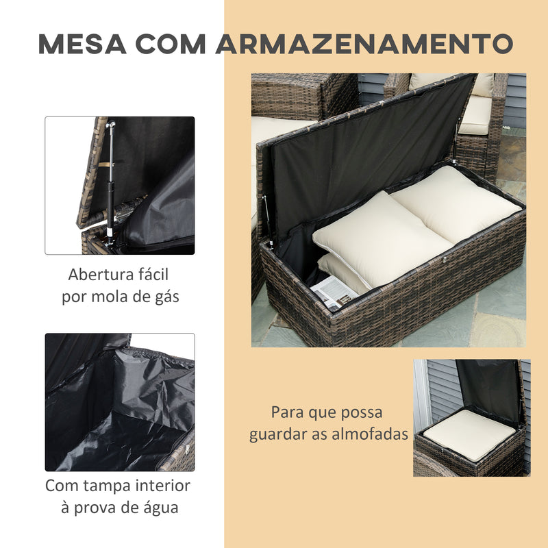 Conjunto de Móveis de Jardim de Vime 6 Peças Sofá Duplo de 3 Lugares 2 Poltronas Individuais 2 Mesas Auxiliares com Armazenamento e Almofadas Marrom e Creme