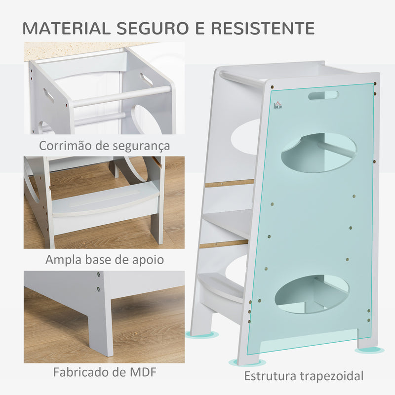 Torre de Aprendizagem de Madeira para Crianças Torre de Aprendizagem Infantil com Altura Ajustável em 3 Posições e Barra de Segurança 40x50x90 cm Cinza