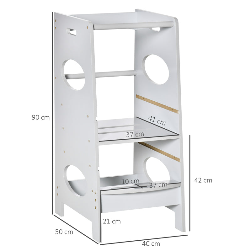 Torre de Aprendizagem de Madeira para Crianças Torre de Aprendizagem Infantil com Altura Ajustável em 3 Posições e Barra de Segurança 40x50x90 cm Cinza