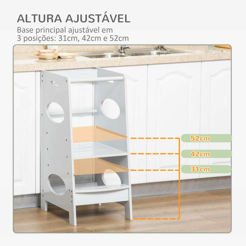 Torre de Aprendizagem de Madeira para Crianças Torre de Aprendizagem Infantil com Altura Ajustável em 3 Posições e Barra de Segurança 40x50x90 cm Cinza
