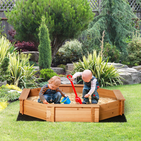 Caixa de Areia de Madeira para Crianças Caixa de Areia Infantil Octógono com Cobertura de Poliéster e Tecido não Tecido para Crianças de 3-8 anos para Jardim 139,5x139,5x21,5 cm Vermelho e Azul
