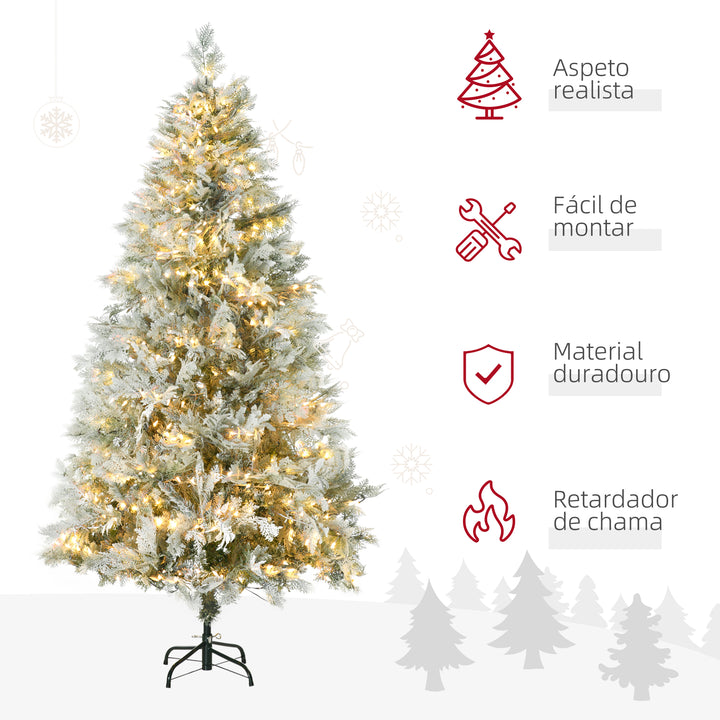 Árvore de Natal Artificial 180 cm com 300 Luzes LED Brancas Quente Árvore de Natal Nevada com 577 Ramos e Base Dobrável Decoração de Natal para Interior Verde