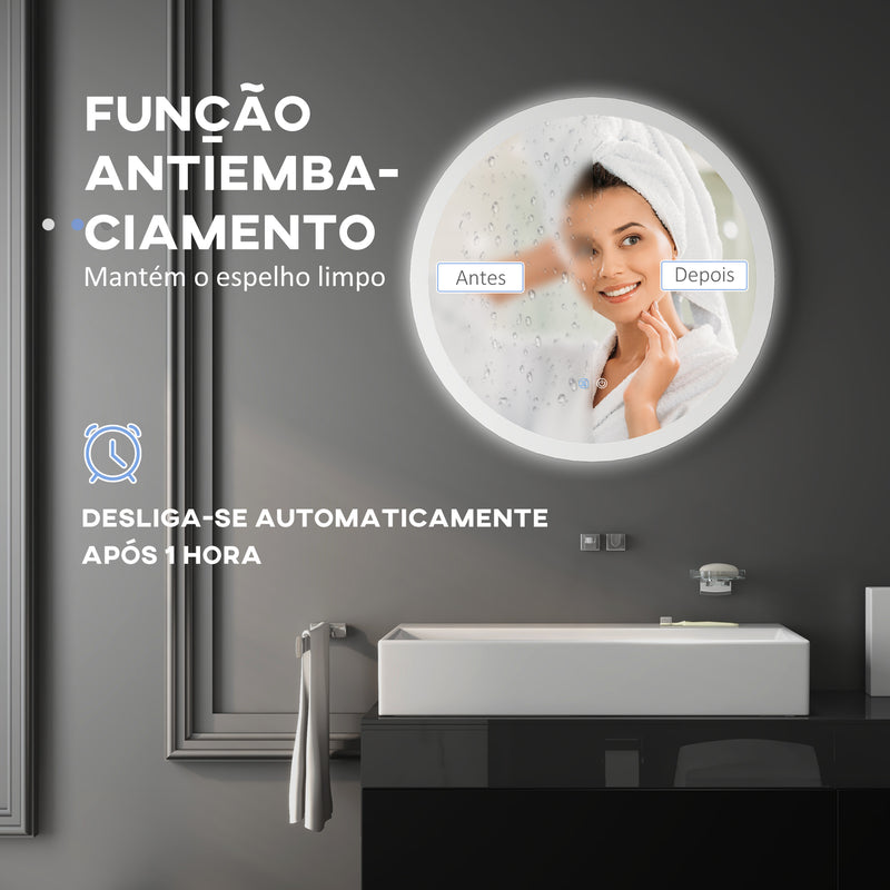 Espelho Casa de Banho Redondo com Luzes LED 70x70 cm Espelho com Iluminação Função Antiembaciamento 3 Luzes Função de Memória e Interruptor Tátil Prata