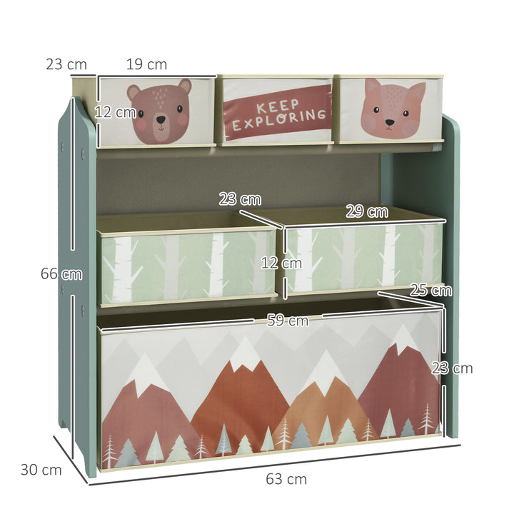 Estante para Brinquedos com 6 Caixas de Tecido não Tecido Amovíveis Organizador de Brinquedos para Crianças de 3-8 Anos para Dormitório 63x30x66 cm Verde