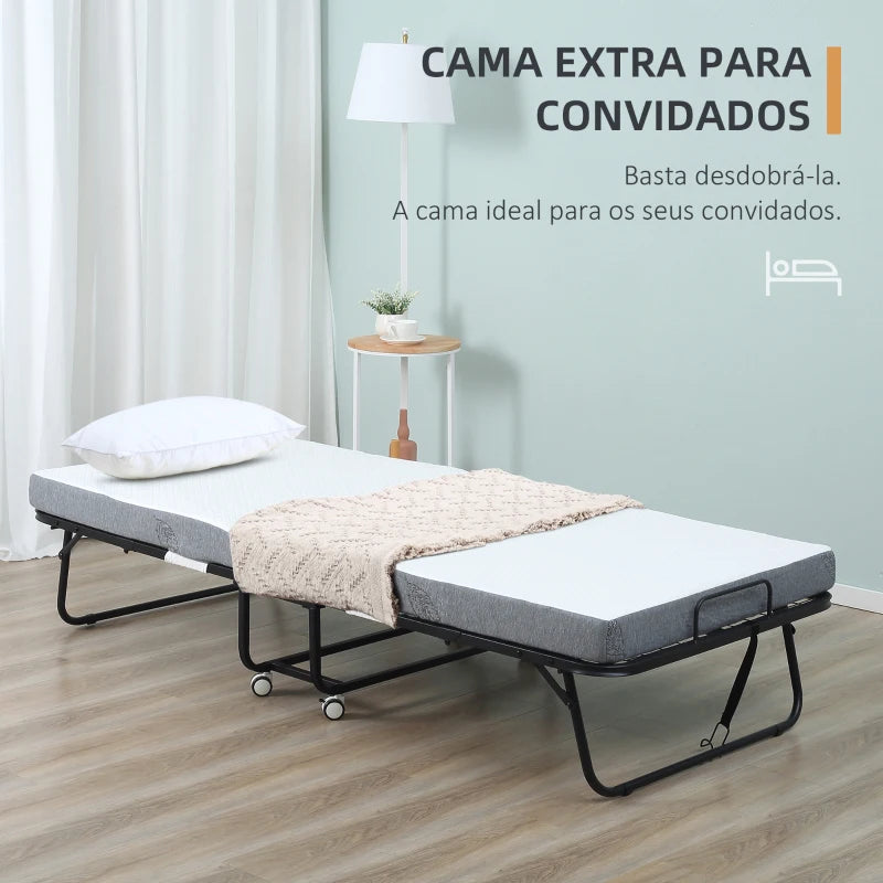 Cama Dobrável 200x75x42,5cm Cama de Campismo Portátil com Colchão Individual Rodas e Freios Carga Máxima 150kg para Dormitórios Branco