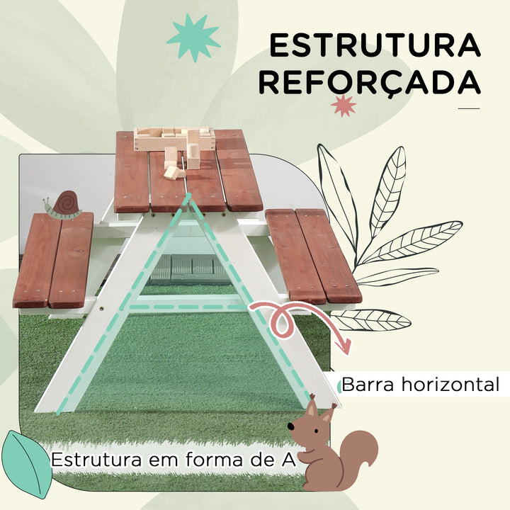Conjunto de Mesa e 2 Bancos Infantil de Madeira Mesa de Piquenique para Crianças de 3-8 Anos para Jardim Pátio Varanda 89x79x50 cm Marrom e Branco