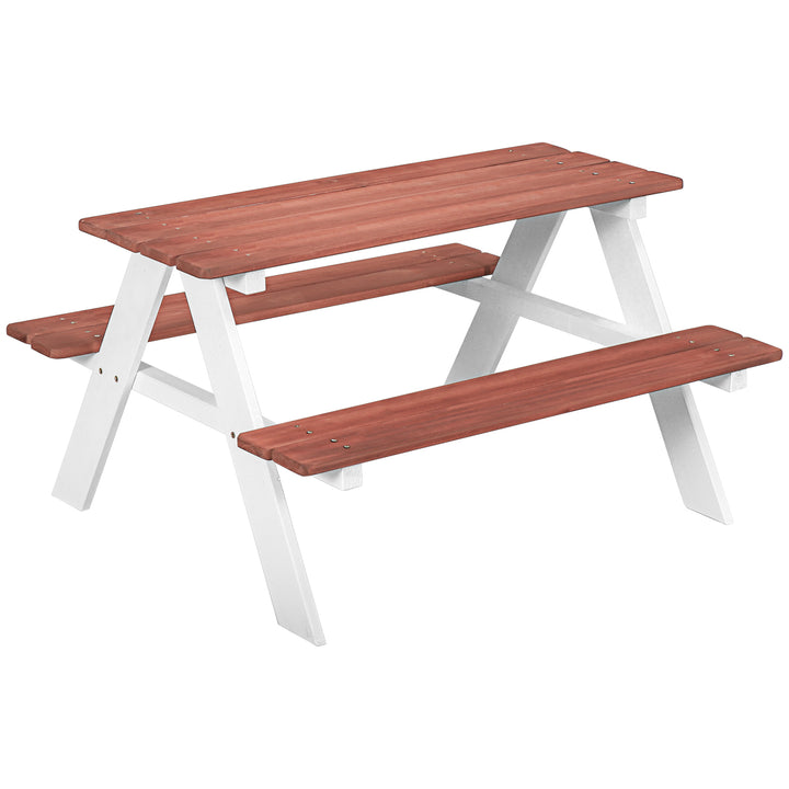 Conjunto de Mesa e 2 Bancos Infantil de Madeira Mesa de Piquenique para Crianças de 3-8 Anos para Jardim Pátio Varanda 89x79x50 cm Marrom e Branco