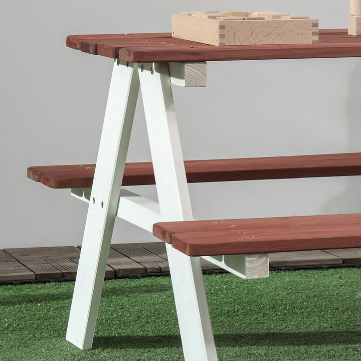 Conjunto de Mesa e 2 Bancos Infantil de Madeira Mesa de Piquenique para Crianças de 3-8 Anos para Jardim Pátio Varanda 89x79x50 cm Marrom e Branco