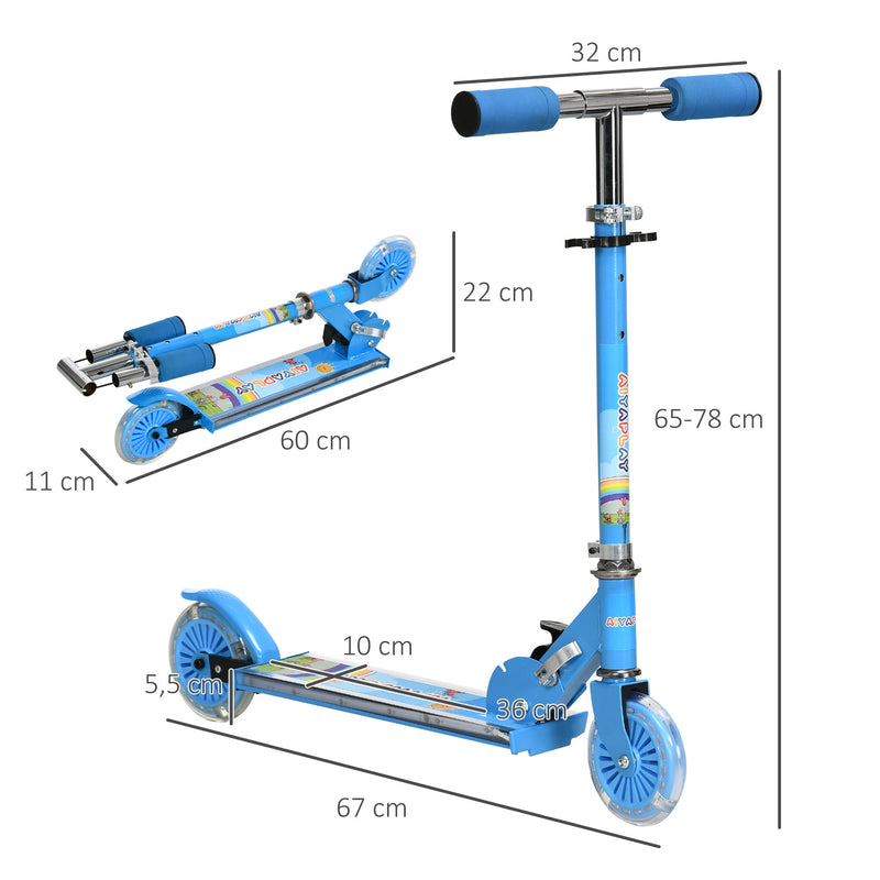 Trotinete para Crianças Dobrável Trotinete Infantil com Luzes e Música 4 Alturas Ajustável Rodas Brilhantes e Pedal LED para 3-7 Anos Carga 50 kg 67x32x65-78 cm Azul