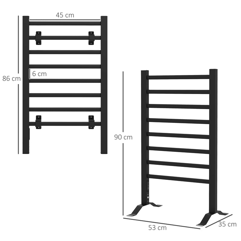 Toalheiro Elétrico de Parede ou Solo 150 W Aquecedor de Toalhas de Liga de Alumínio com Função de Temporizador e 8 Barras para Casa de Banho 53x35x90 cm Preto