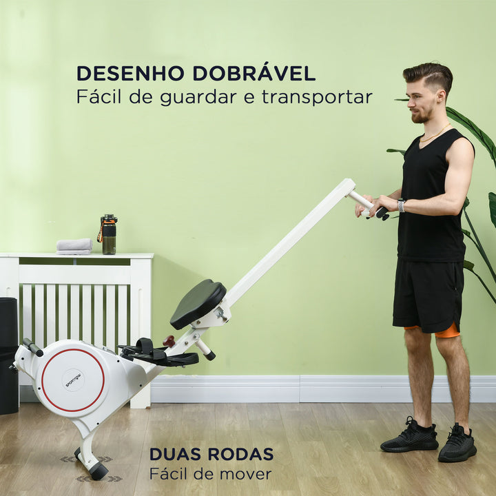 Máquina de Remo Magnético Máquina de Remo Dobrável com Resistência de 8 Níveis Ecrã LCD e 2 Rodas de Transporte para Ginásio Carga Máxima 130 kg 180x48x60 cm Branco