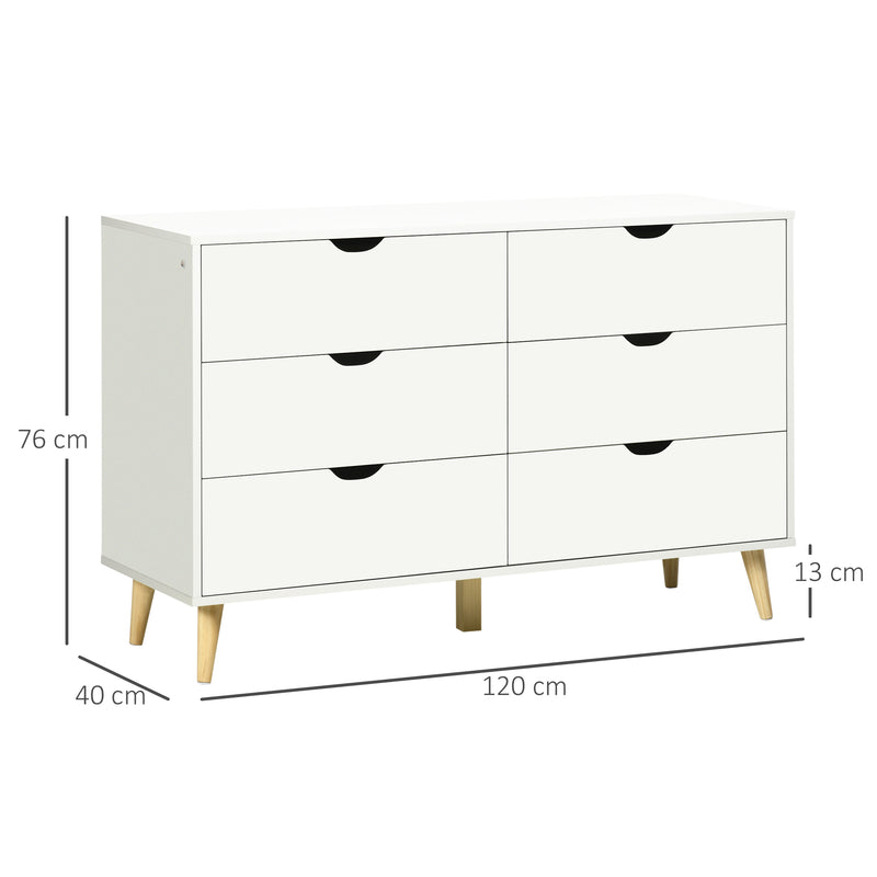 Cómoda com 6 Gavetas e Pés Elevados Cómoda para Dormitório Sala de Estar Estilo Moderno Anti-Tombo 120x40x76 cm Branco