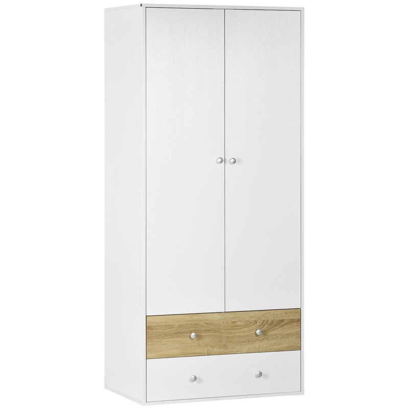 Roupeiro de Madeira Armário para Roupas com 2 Portas 2 Gavetas e 1 Barra para Pendurar Estilo Moderno para Dormitório 80x50x180 cm Branco e Carvalho