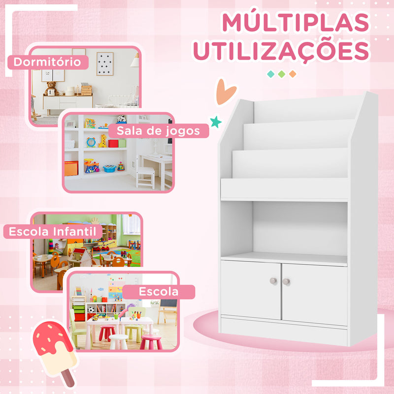 Estante para Brinquedos Infantil Estante de Livros para Crianças de 3 a 8 Anos para Brinquedos Sapatos com 3 Compartimentos e 2 Armários para Dormitório 60x29,5x100 cm Branco