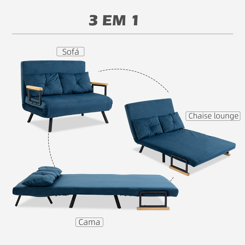 Sofá Cama Sofá Convertível em Cama de 2 Lugares Dobrável com Encosto Ajustável em 5 Níveis e 2 Almofadas Acolchoadas para Escritório Dormitório Sala de Estar 102x73x81 cm Azul