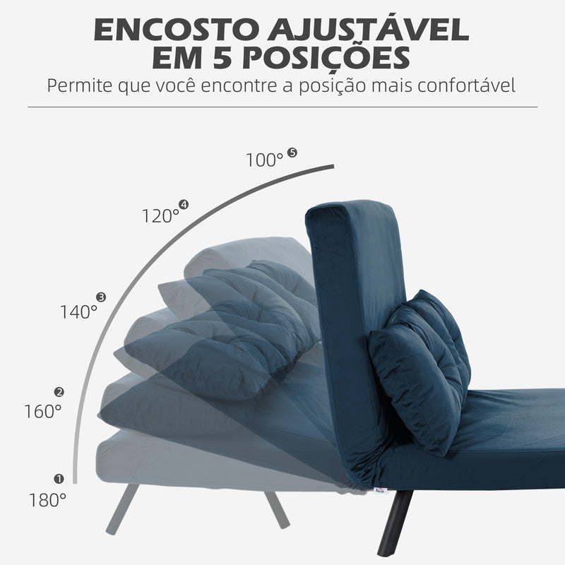 Sofá Cama Sofá Convertível em Cama de 2 Lugares Dobrável com Encosto Ajustável em 5 Níveis e 2 Almofadas Acolchoadas para Escritório Dormitório Sala de Estar 102x73x81 cm Azul