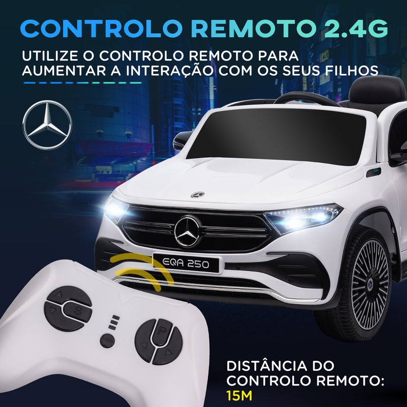 Carro Elétrico para Crianças Mercedes-Benz EQA Carro a Bateria 12V com Controlo Remoto Música Buzina Velocidade 3-8 km/h para Crianças 3-8 Anos 111,5x69x52,5 cm Branco