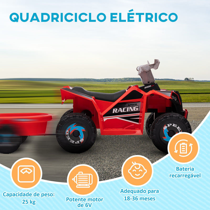 Quadriciclo Elétrico para Crianças com Reboque a Bateria 6V Carro Elétrico para Crianças de 18-36 Meses com Velocidade 2,5 km/h Carga Máxima 106x41,5x48,5 cm Vermelho