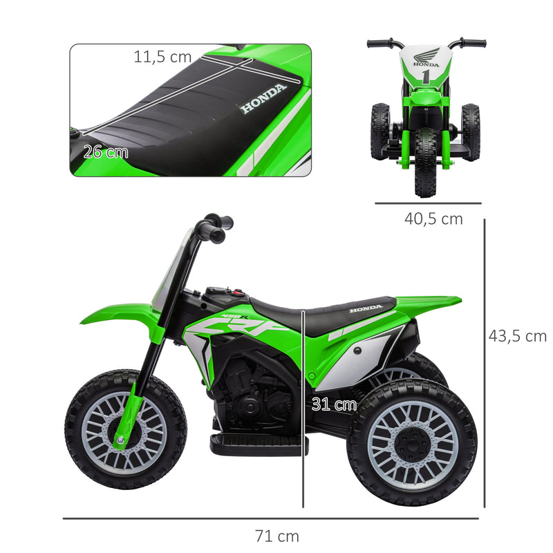 Mota Elétrica com Licença Honda CRF450RL para Crianças acima de 18 Meses Mota de Bateria 6V com Velocidade 3km/h Buzina e Som de Arranque Carga Máxima 25 kg 71x40,5x43,5 cm Verde