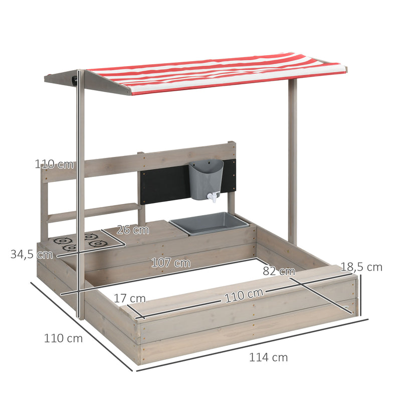 Caixa de Areia de Madeira para Crianças com Teto Ajustável Caixa de Areia Infantil com Acessórios de Cozinha e Banco para Crianças de 3-7 Anos para Pátio Jardim 114x110x110 cm Madeira