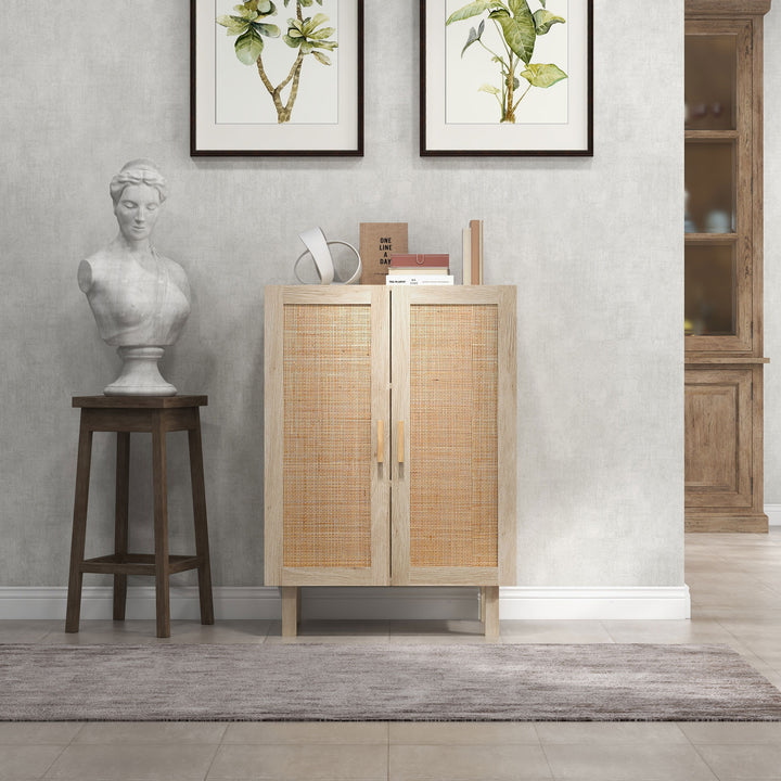 Aparador de Sala de Estar com 2 Portas de Rede e Prateleiras Ajustáveis Armário para Sala de Estar Escritório Dormitório Estilo Cannage Anti-Tombo 73x41x102 cm Madeira