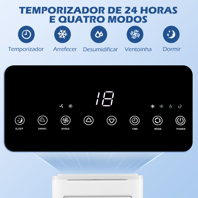 Ar Condicionado Portátil 9000BTU 1010W Refrigerador Ventoinha Desumidificador com Ecrã LED Controlo Remoto Temporizador para Ambientes de 20 m² 35,3x35x72,5 cm Branco