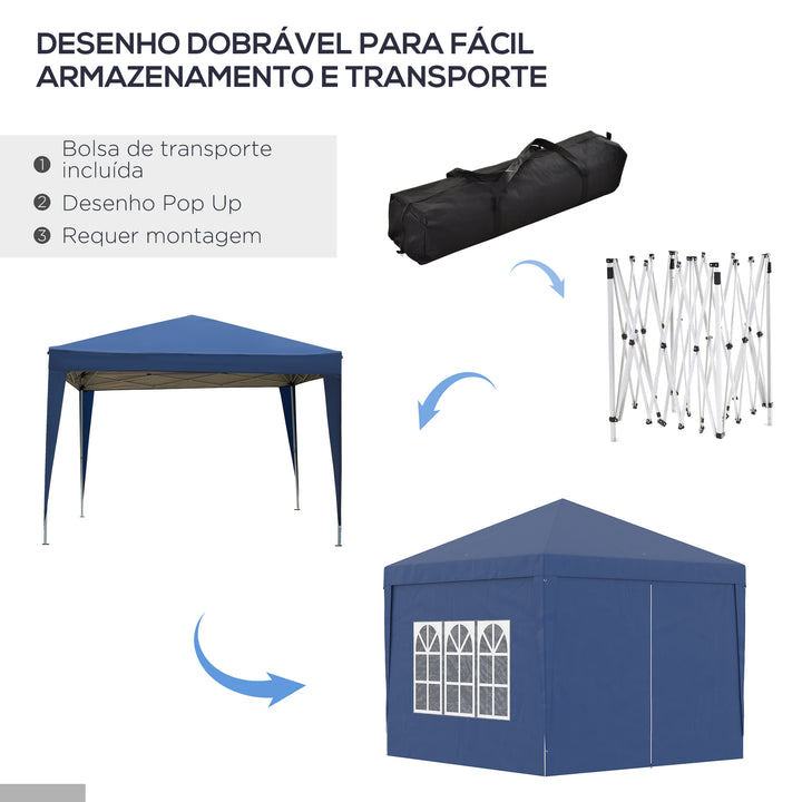 Tenda de Jardim com Paredes Laterais Amovíveis Janelas Porta com Zíper e Bolsa de Transporte 295x295x195-258 cm Azul