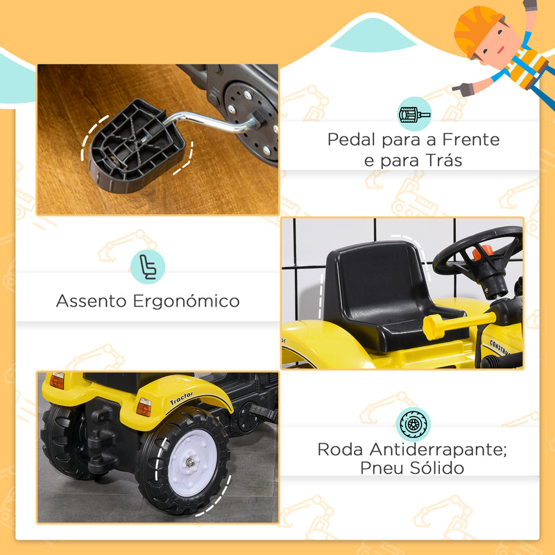 Trator a Pedal para Crianças acima de 3 Anos Trator Escavadora Infantil com Pá Dianteira Veículo a Pedais Carga Máxima 35 kg 114x41x52 cm Amarelo e Preto