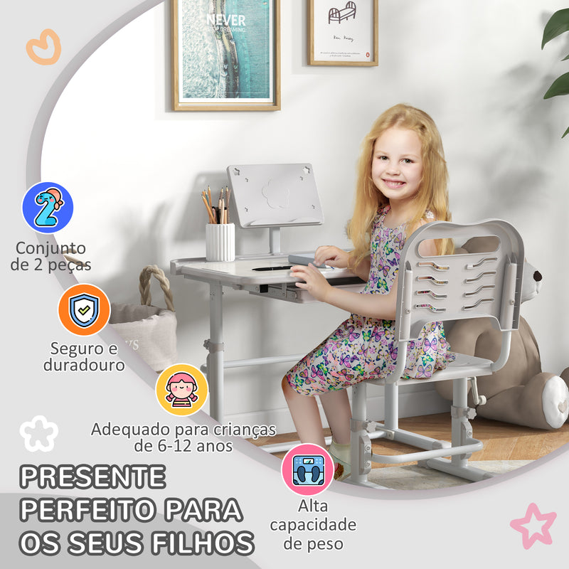 Conjunto de Secretária e Cadeira para Crianças de 6-12 Anos Secretária para Crianças com Altura Ajustável com 1 Gaveta Prateleira para Livros e Ângulo da Mesa Ajustável 80x49,5x82-104 cm Cinza e Branco