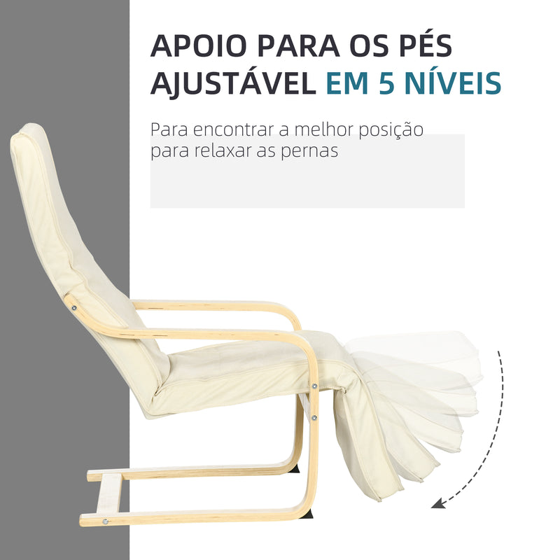 Poltrona Relax com Apoio para os Pés Ajustável Poltrona para Sala de Estar Estofada em Tecido com Estrutura de Madeira Carga 120 kg para Escritório Estúdio Dormitório 66,5x94x100 cm Creme