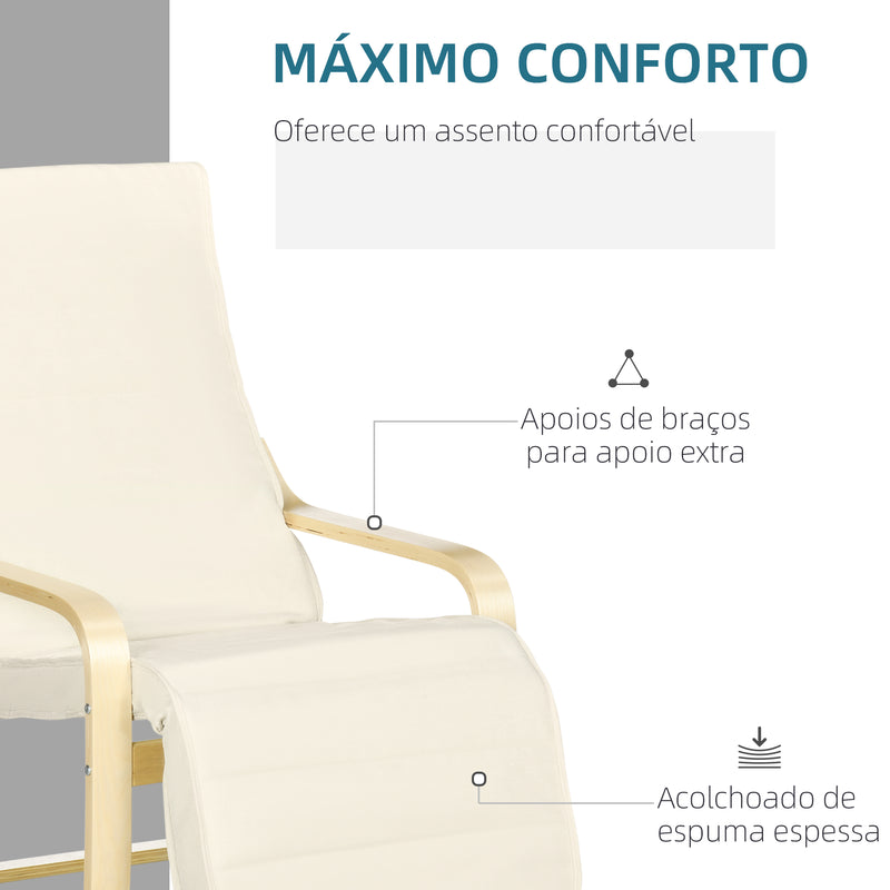 Poltrona Relax com Apoio para os Pés Ajustável Poltrona para Sala de Estar Estofada em Tecido com Estrutura de Madeira Carga 120 kg para Escritório Estúdio Dormitório 66,5x94x100 cm Creme