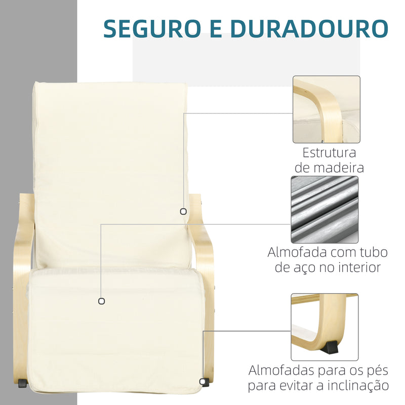 Poltrona Relax com Apoio para os Pés Ajustável Poltrona para Sala de Estar Estofada em Tecido com Estrutura de Madeira Carga 120 kg para Escritório Estúdio Dormitório 66,5x94x100 cm Creme