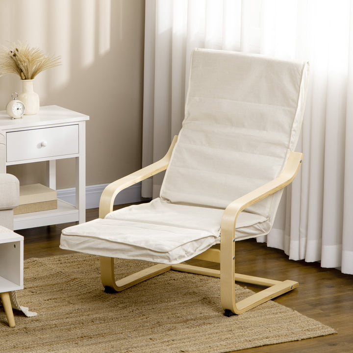 Poltrona Relax com Apoio para os Pés Ajustável Poltrona para Sala de Estar Estofada em Tecido com Estrutura de Madeira Carga 120 kg para Escritório Estúdio Dormitório 66,5x94x100 cm Creme