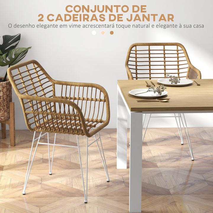 Conjunto de 2 Cadeiras de Sala de Jantar Cadeiras de Cozinha de Vime PE com Pés de Aço para Sala de Jantar Estilo Boémio Carga Máxima 120 kg 56x60x79 cm Marrom