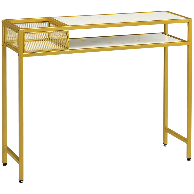 Mesa Consola Mesa de Entrada com Prateleira Cesta de Armazenamento e Estrutura de Aço Móvel de Entrada para Sala de Estar Corredor Carga Máxima 50 kg 100x30x80 cm Dourado e Branco