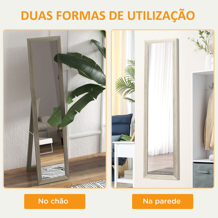 Espelho de Corpo Inteiro 37x155 cm Espelho de Pé Espelho de Parede Retangular com Estrutura de Madeira Decorativo para Sala de Estar Dormitório Corredor Cinza