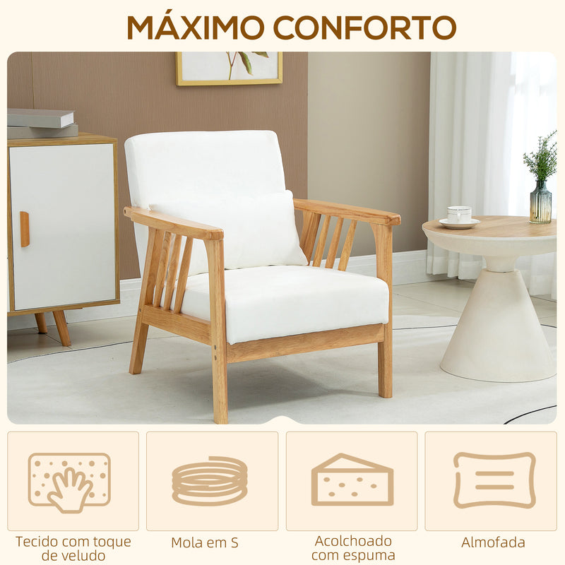 Poltrona de Sala de Estar Poltrona de Estilo Nórdico Estofado em Veludo com Almofada e Pés de Madeira de Borracha para Escritório Dormitório 68x75x78 cm Creme e Madeira