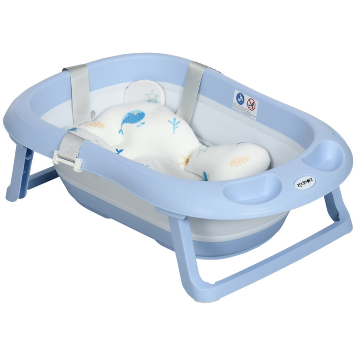 Banheira para Bebé Recém Nascido Dobrável 40L com Almofada Pés Antiderrapantes Orifício de Drenagem e Suporte para Duche 83x48x23,5 cm Azul