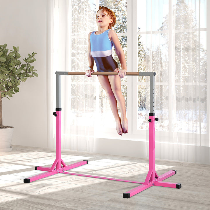Barra de Ginástica para Crianças acima de 3 Anos Barra de Treino com Altura Ajustável 92-150 cm Barra Horizontal de Ginástica Carga 75 kg 197x121x150 cm Rosa