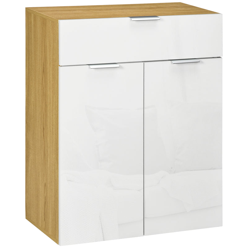 Aparador de Sala de Estar Armário Multiusos de Alto Brilho com Gaveta 2 Portas e Prateleira Ajustável para Sala de Jantar Dormitório 70x35x92 cm Branco e Madeira