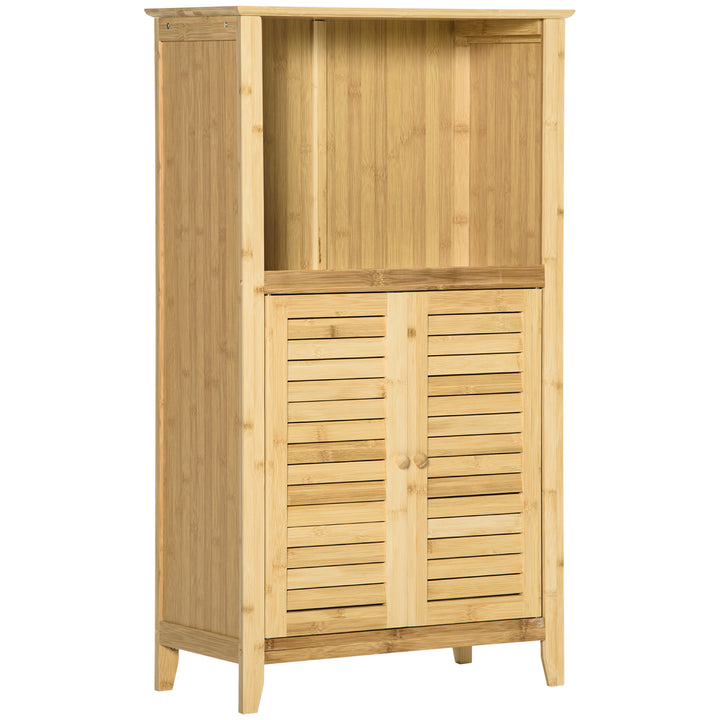 Armário Auxiliar Casa de Banho de Bambu Armário de Casa de Banho com 2 Portas Compartimento Aberto e Prateleira Ajustável 50x25,5x92 cm Madeira