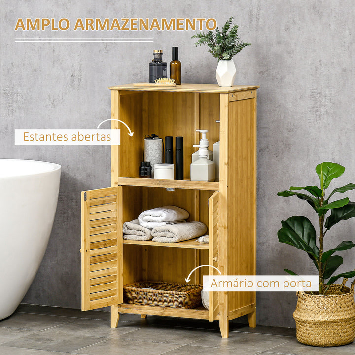 Armário Auxiliar Casa de Banho de Bambu Armário de Casa de Banho com 2 Portas Compartimento Aberto e Prateleira Ajustável 50x25,5x92 cm Madeira