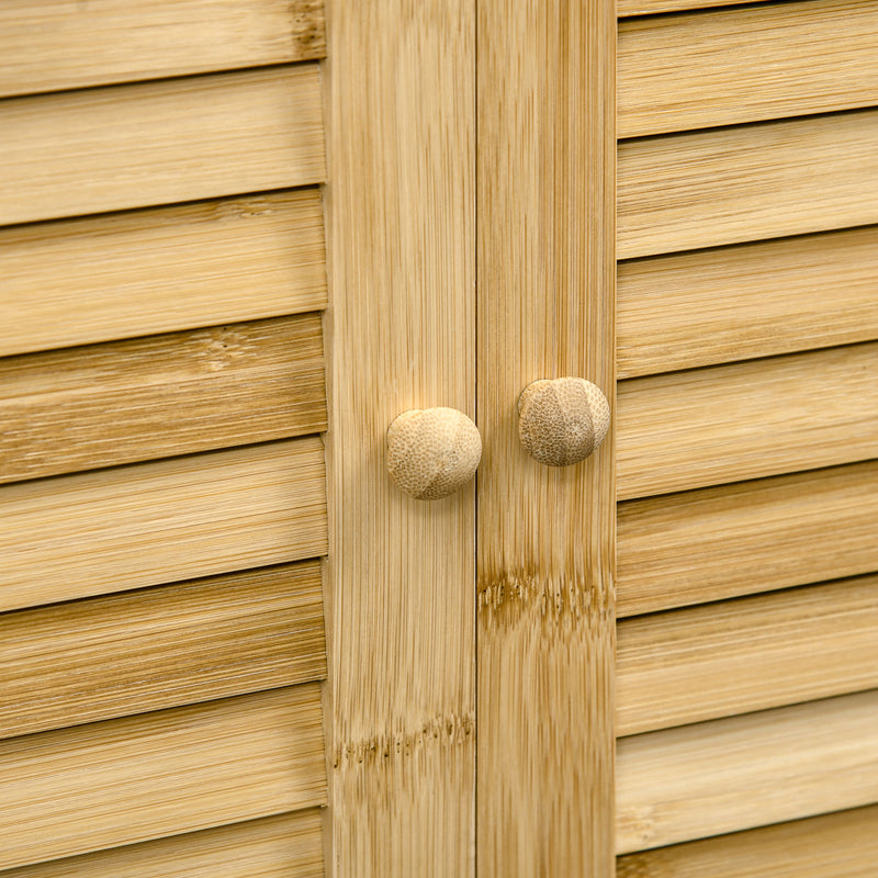 Armário Auxiliar Casa de Banho de Bambu Armário de Casa de Banho com 2 Portas Compartimento Aberto e Prateleira Ajustável 50x25,5x92 cm Madeira