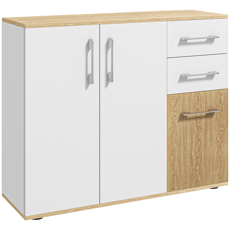 Aparador Sala de Estar Moderno Aparador de Cozinha com 2 Gavetas 2 Armários e Prateleiras Ajustáveis para Dormitório Sala de Jantar Entrada 90x30x75,5 cm Branco e Madeira