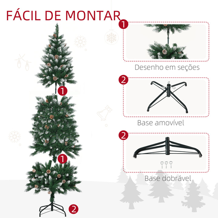 Árvore de Natal Artificial com Neve 180 cm 508 Ramos Realistas 49 Pinhas Base Dobrável e Suporte de Aço para Interior Ø73x180 cm Verde e Branco